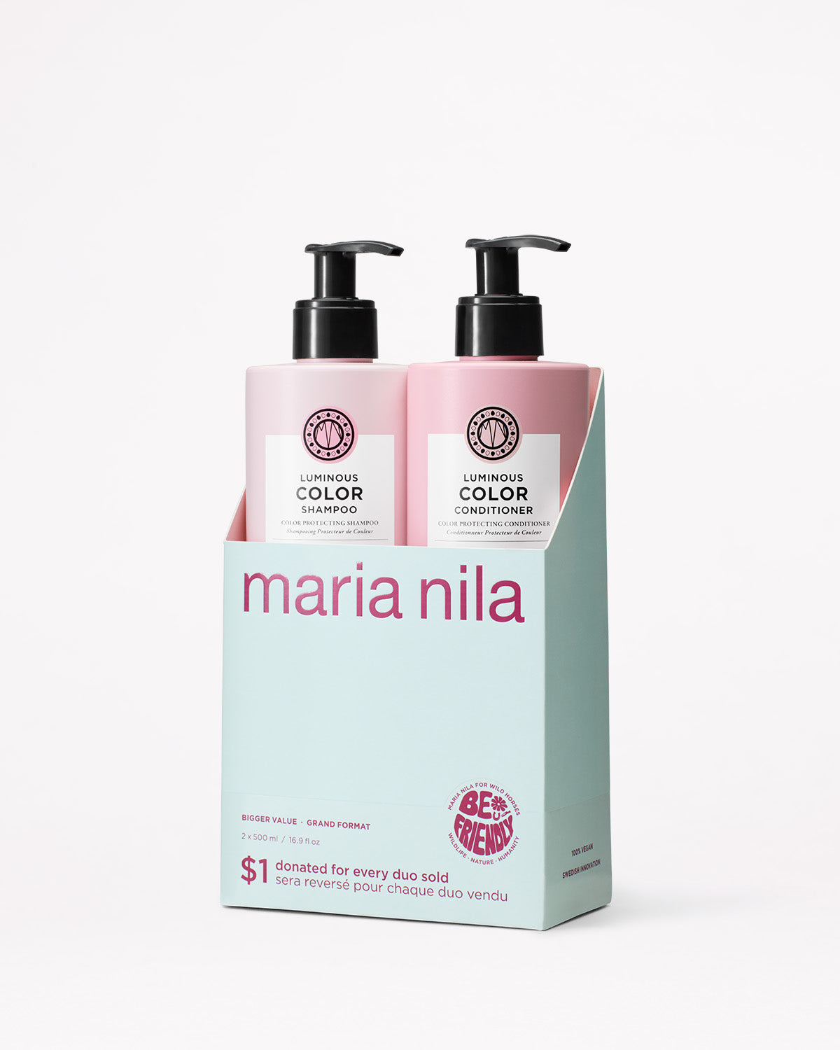 Maria Nila shampoo and conditioner bottles with packaging on a white background