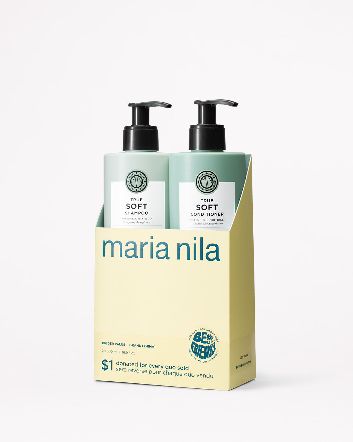 Maria Nila shampoo and conditioner bottles with packaging on a white background