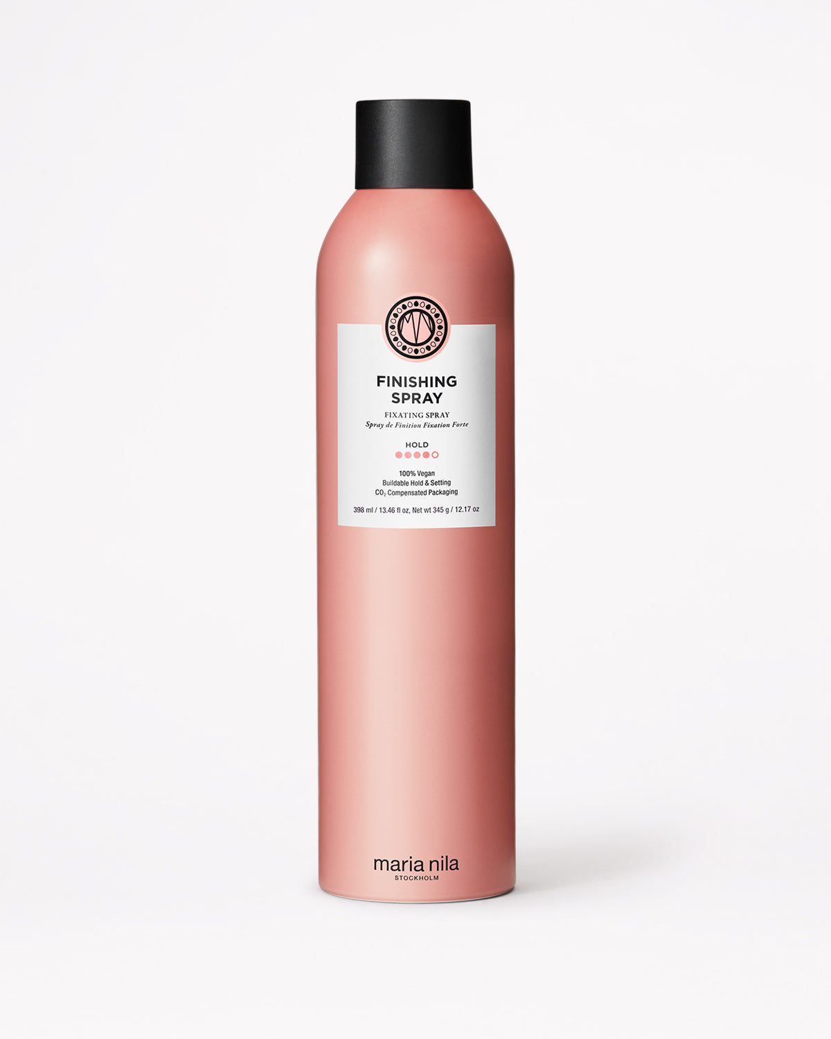 Pink hair spray bottle with black cap on a white background