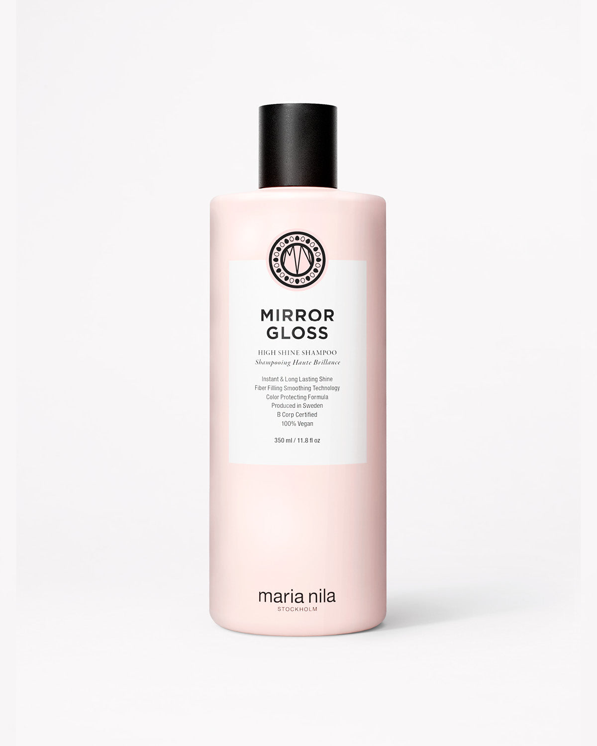 Pink bottle of Maria Nila Mirror Gloss on a white background
