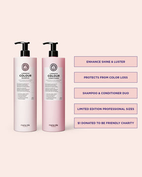 Two bottles of Maria Nila Colour Preserve Shampoo and Conditioner on a pink background with text about product features.