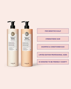Shampoo and conditioner bottles with product details on a pink background
