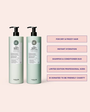 Two bottles of Maria Nila shampoo and conditioner on a pink background with text about the product.