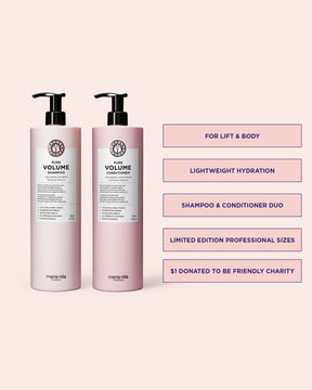 Two bottles of Maria Nila Volume shampoo and conditioner on a pink background with product details.