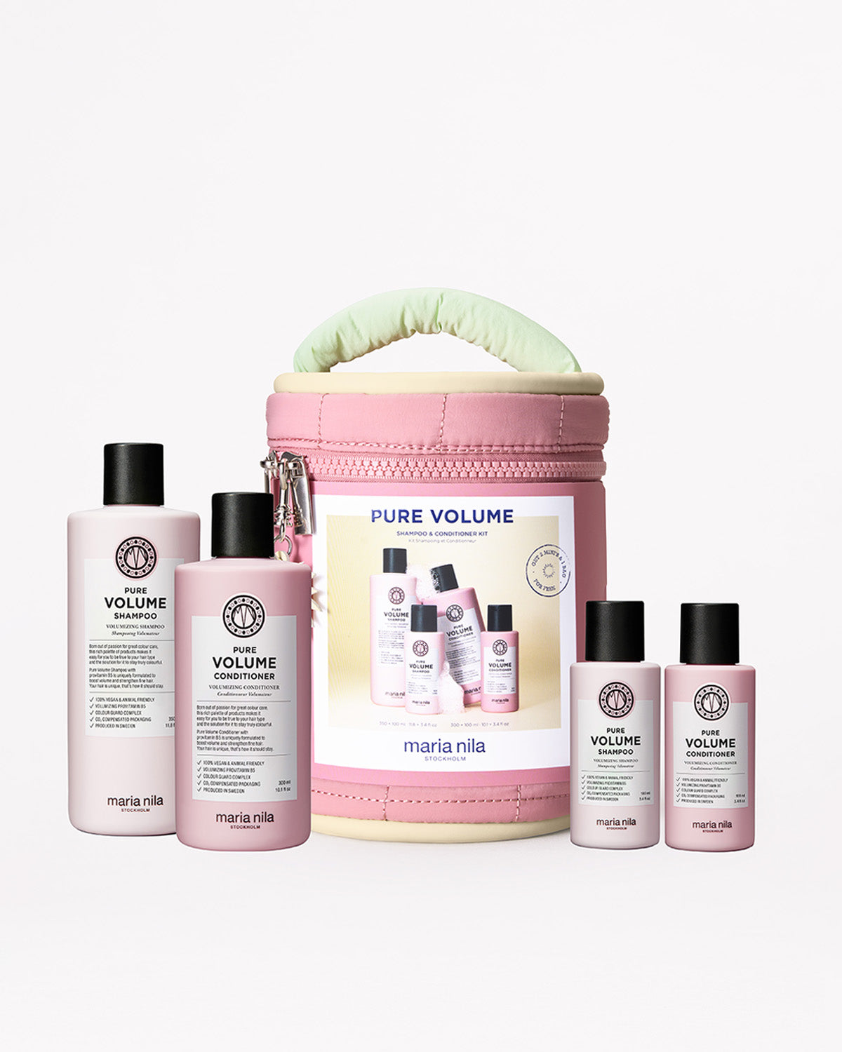 Maria Nila hair care products including bottles and a Beauty Bag on a white background