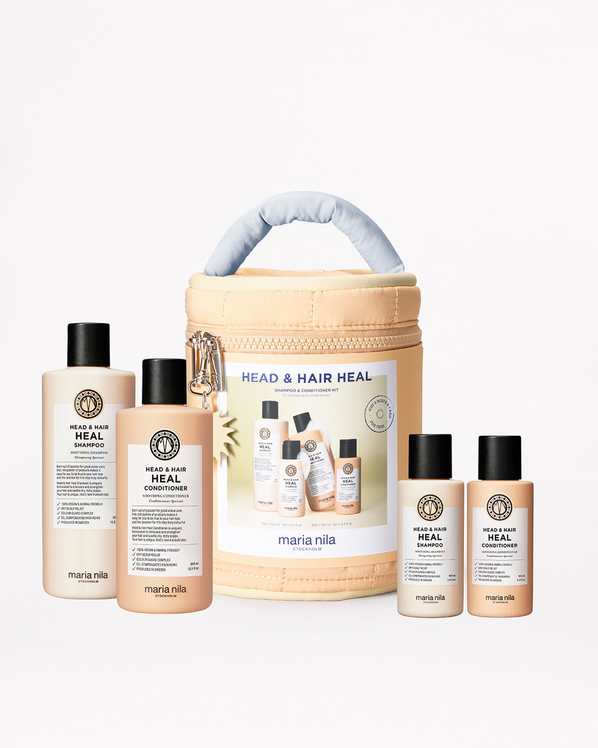 Maria Nila hair care product set with a beige travel bag on a white background