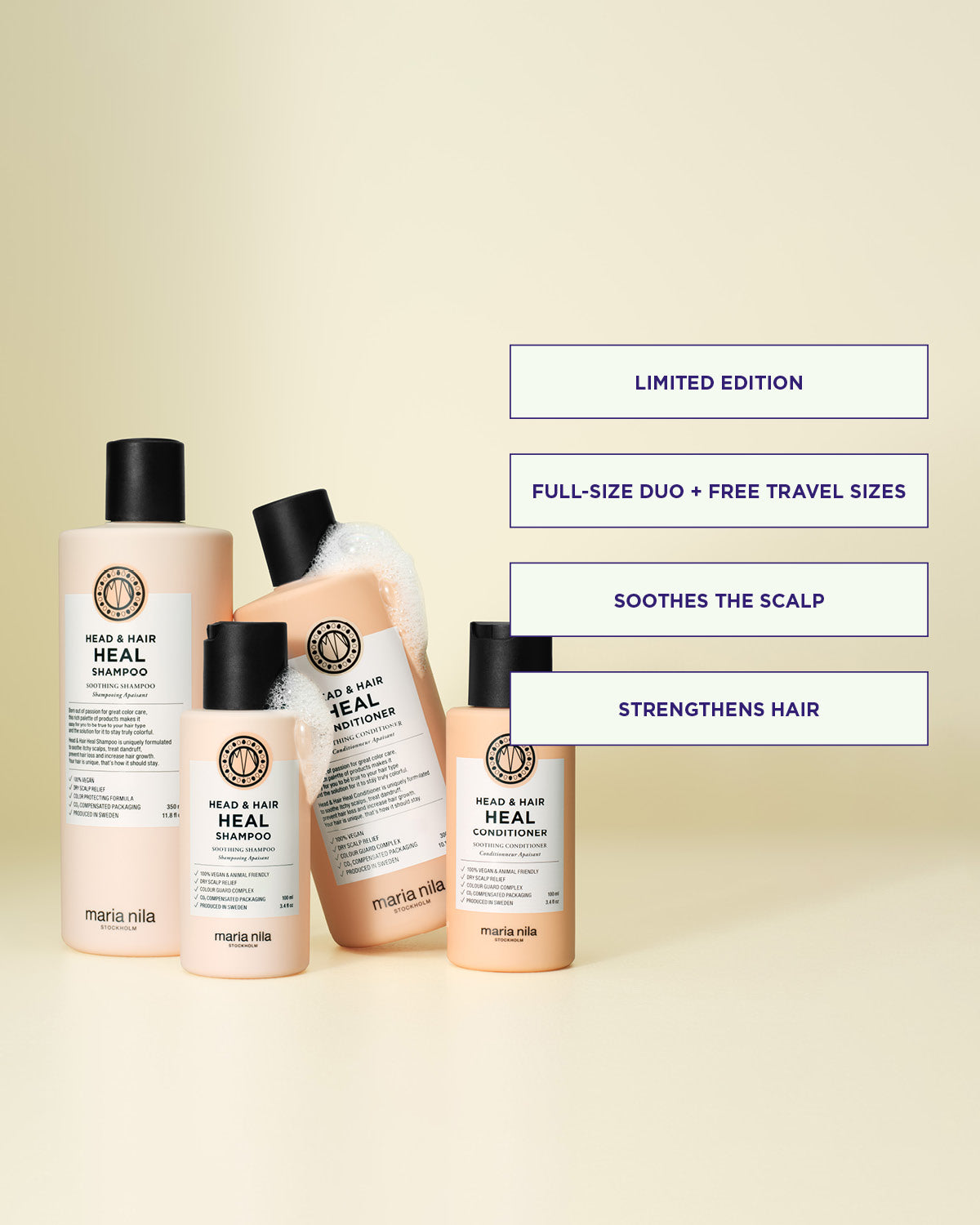 Set of Maria Nila hair care products on a beige background with promotional text.