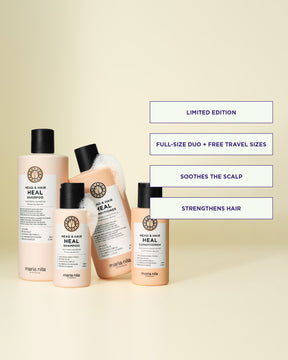 Set of Maria Nila hair care products on a beige background with promotional text.