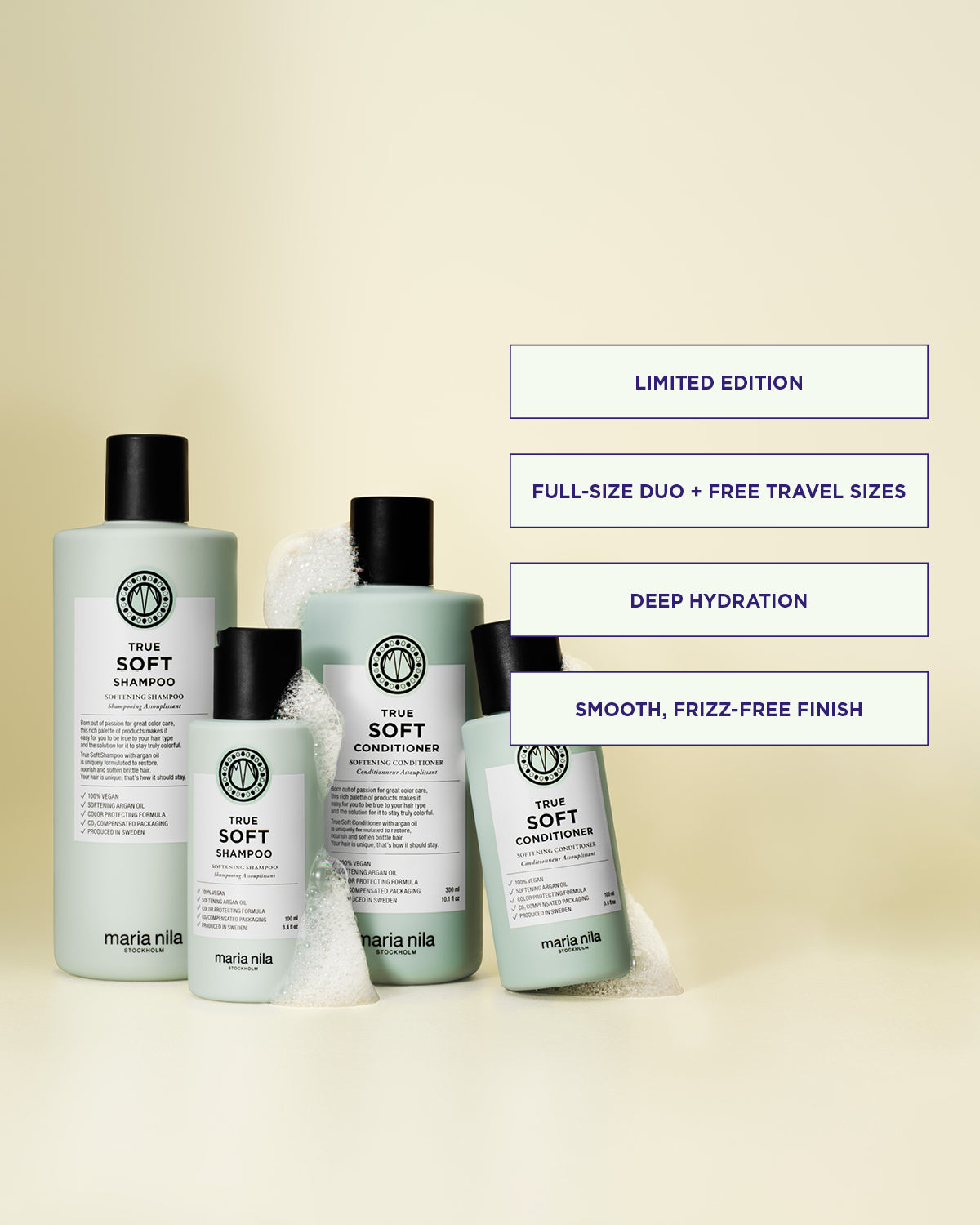 Set of Maria Nila True Soft hair care products on a beige background with promotional text.