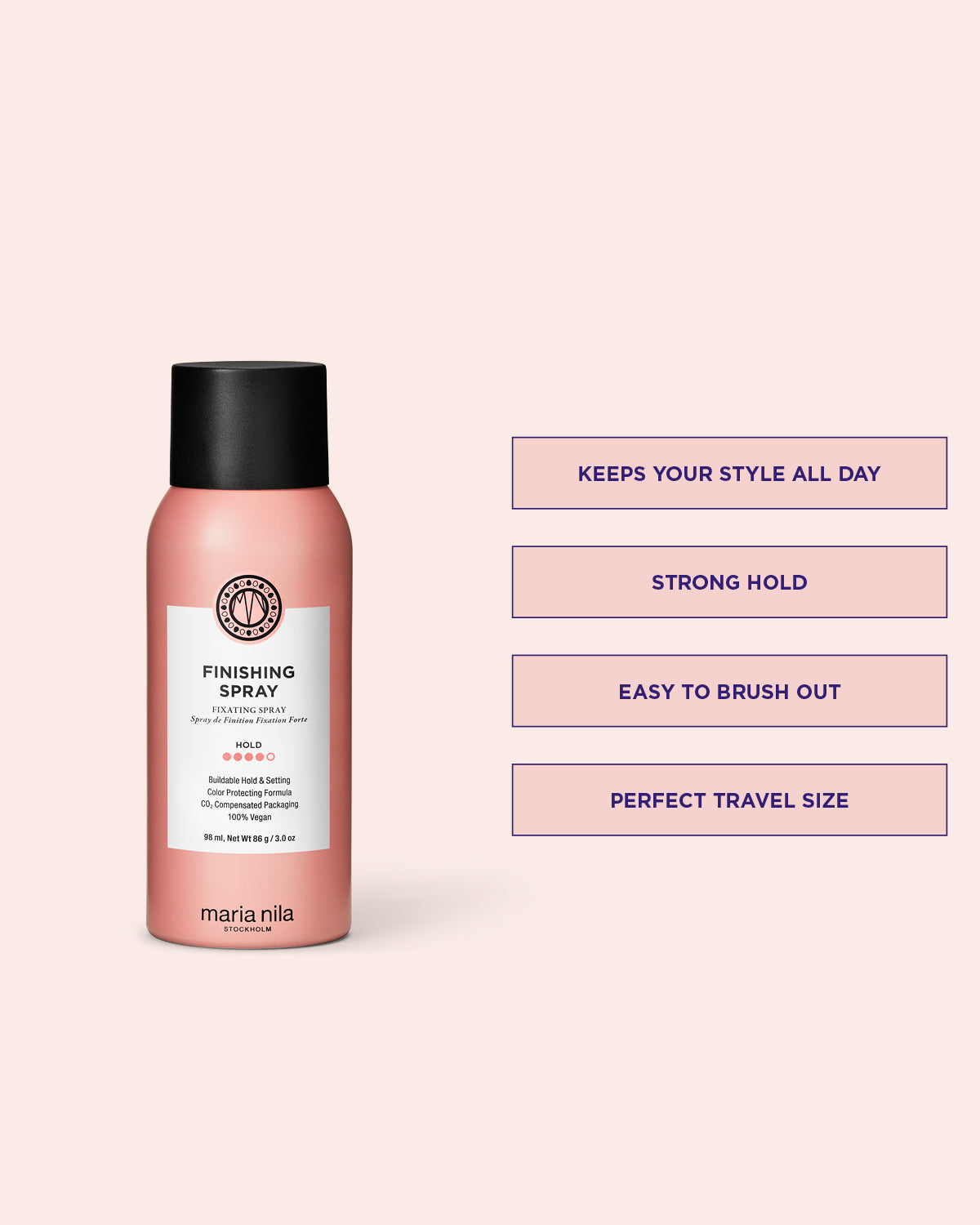 Maria Nila hair spray bottle with features listed on a pink background