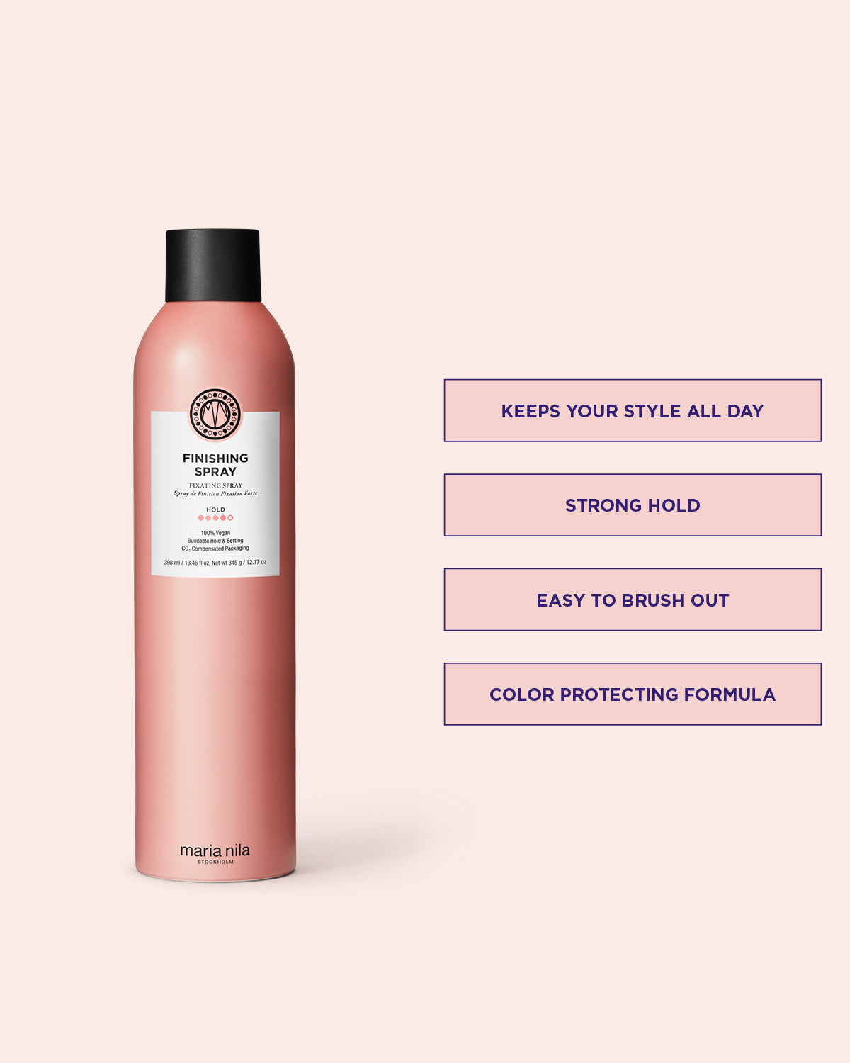 Pink hair spray bottle with text on a light pink background