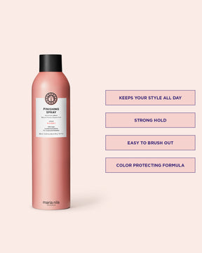 Pink hair spray bottle with text on a light pink background