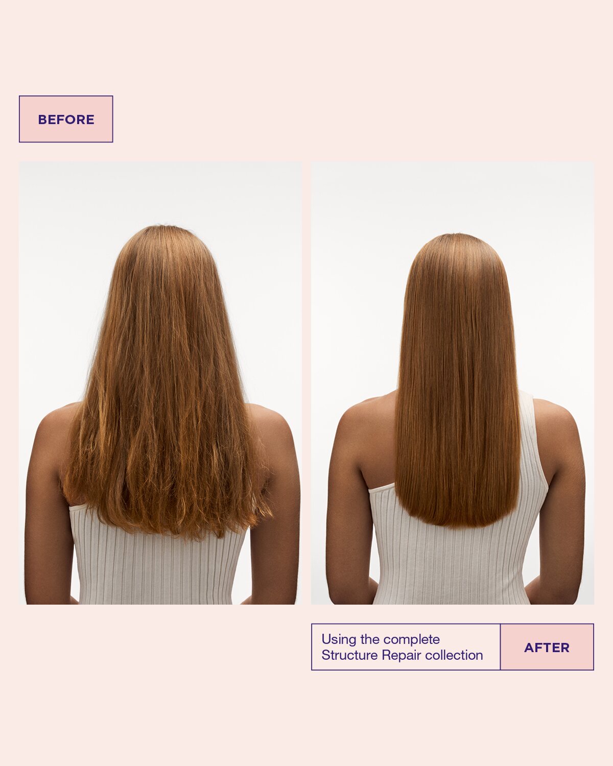 Model’s hair before and after using Structure Repair hair mask for damaged hair