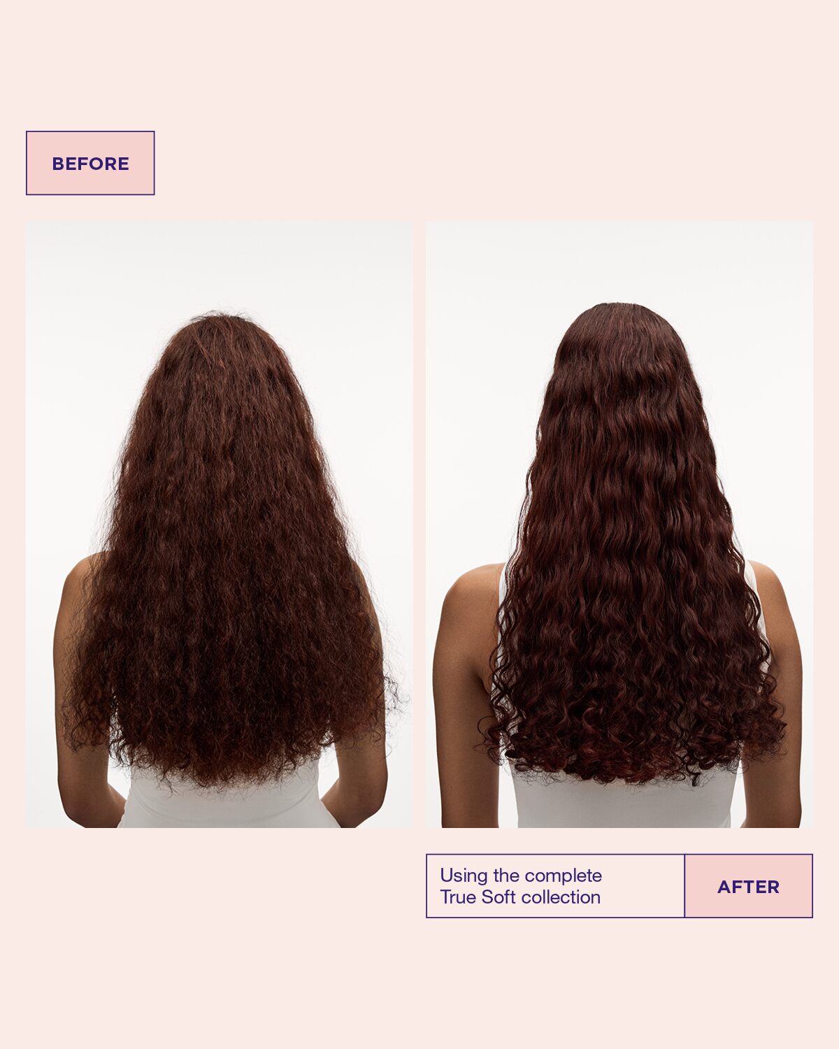 Model’s hair before and after using True Soft hair mask for dry hair