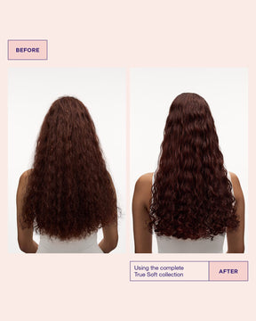 Model’s hair before and after using True Soft shampoo for dry hair