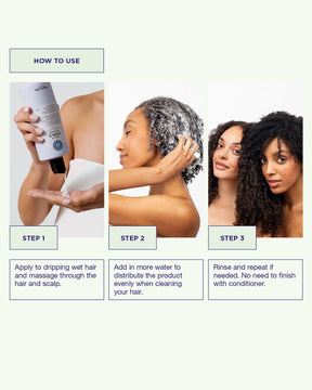 Use Coils & Curls Co-Wash by massaging into wet hair to a lather and rinse