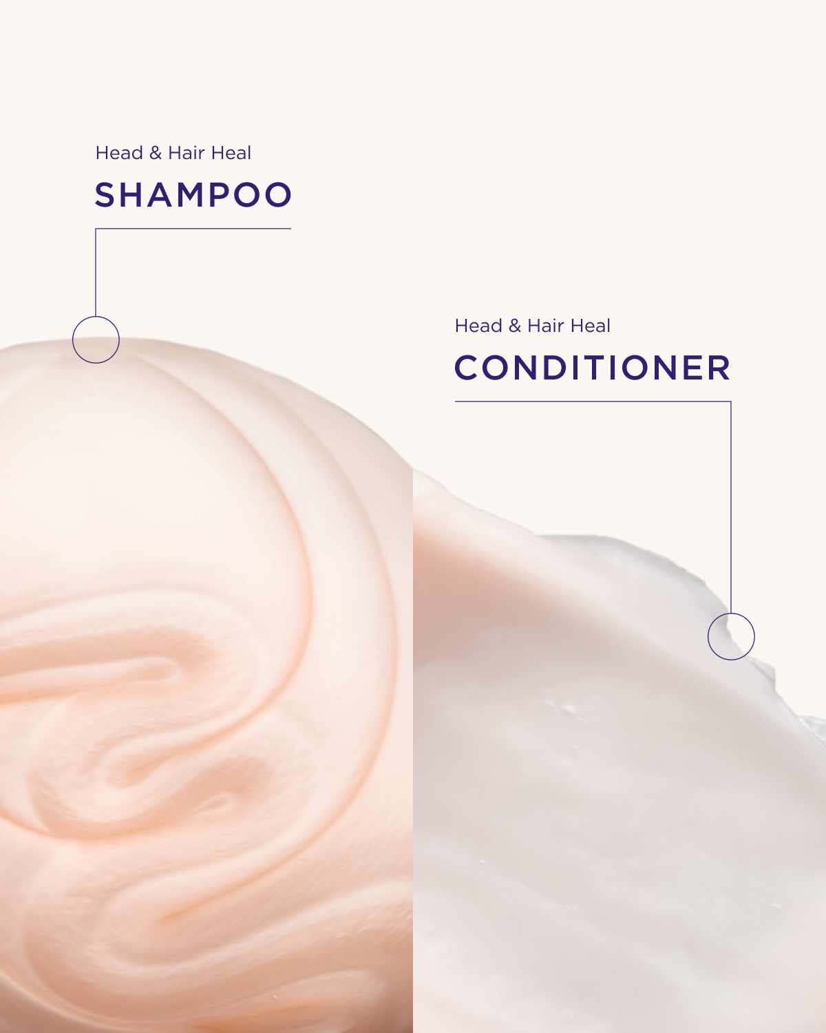 Two swirls of shampoo and conditioner on a light background with text indicating product types.