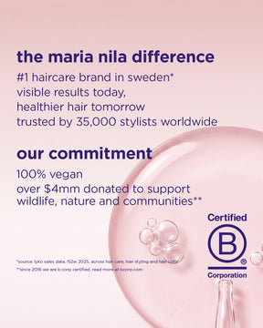 A pink promotional graphic for Maria Nila Difference haircare, featuring text about vegan commitment and a B Corp certification logo, with a translucent dropper and bubble illustration on a soft pink background.