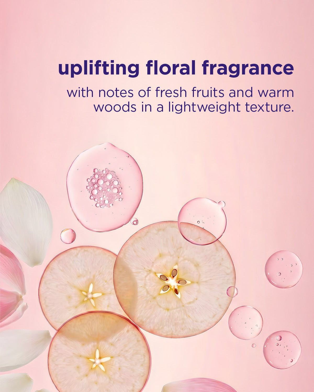 Floral and fruit-themed product scent description on a pink background with apple slices and bubbles.