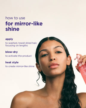 Woman with long hair holding a Gloss Coat with text on how to use it for mirror-like shine.
