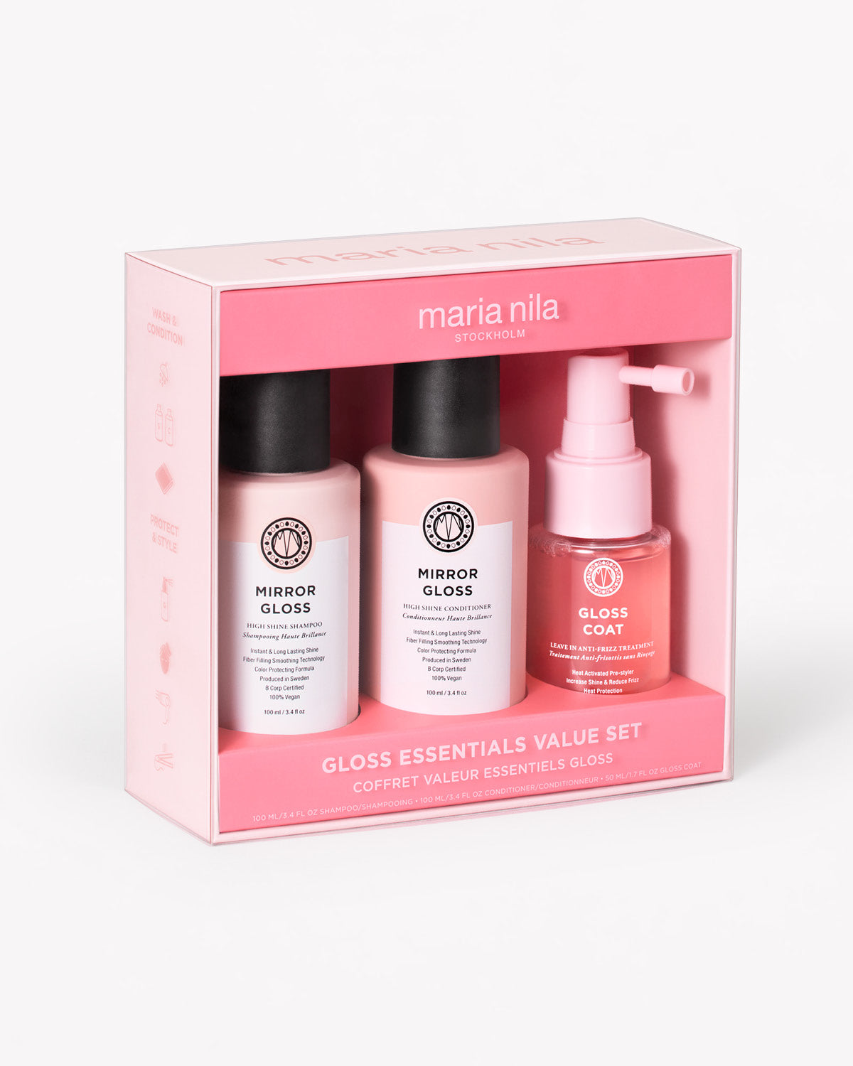 Maria Nila Gloss Essentials Value Set in pink packaging on a white background