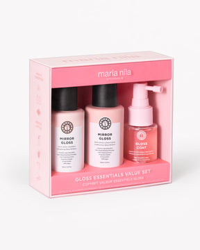 Maria Nila Gloss Essentials Value Set in pink packaging on a white background