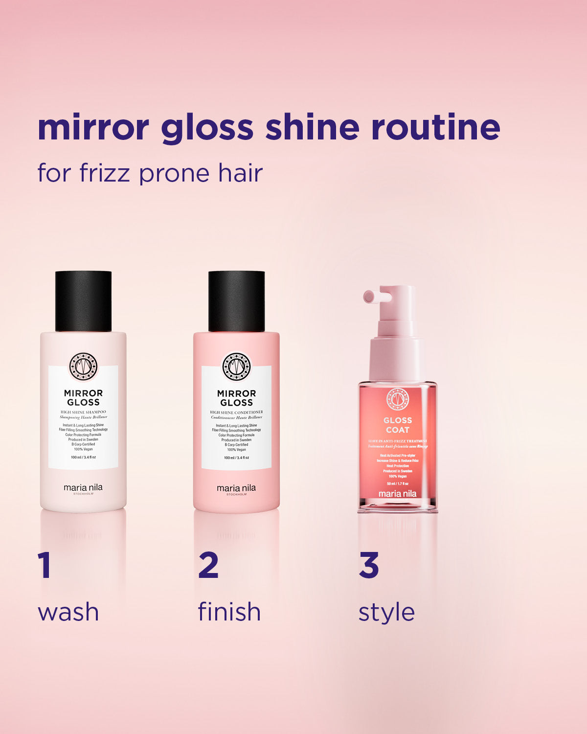 Three hair care products with labels on a pink background, labeled 'wash', 'finish', and 'style'.