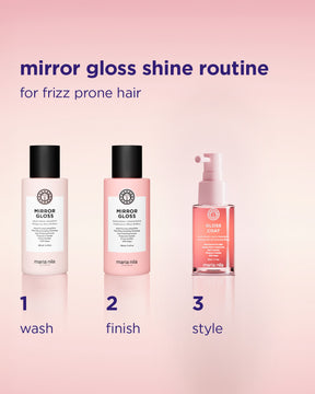Three hair care products with labels on a pink background, labeled 'wash', 'finish', and 'style'.