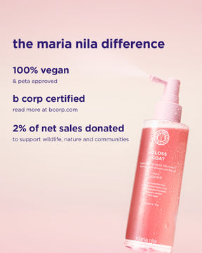 Maria Nila hair product with brand information on a pink background