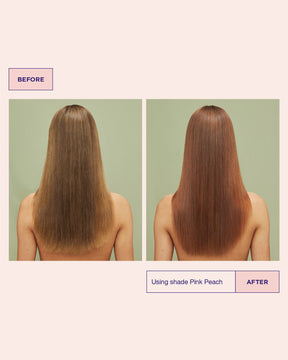 Before and after comparison of hair color using shade Pink Peach on a plain background.