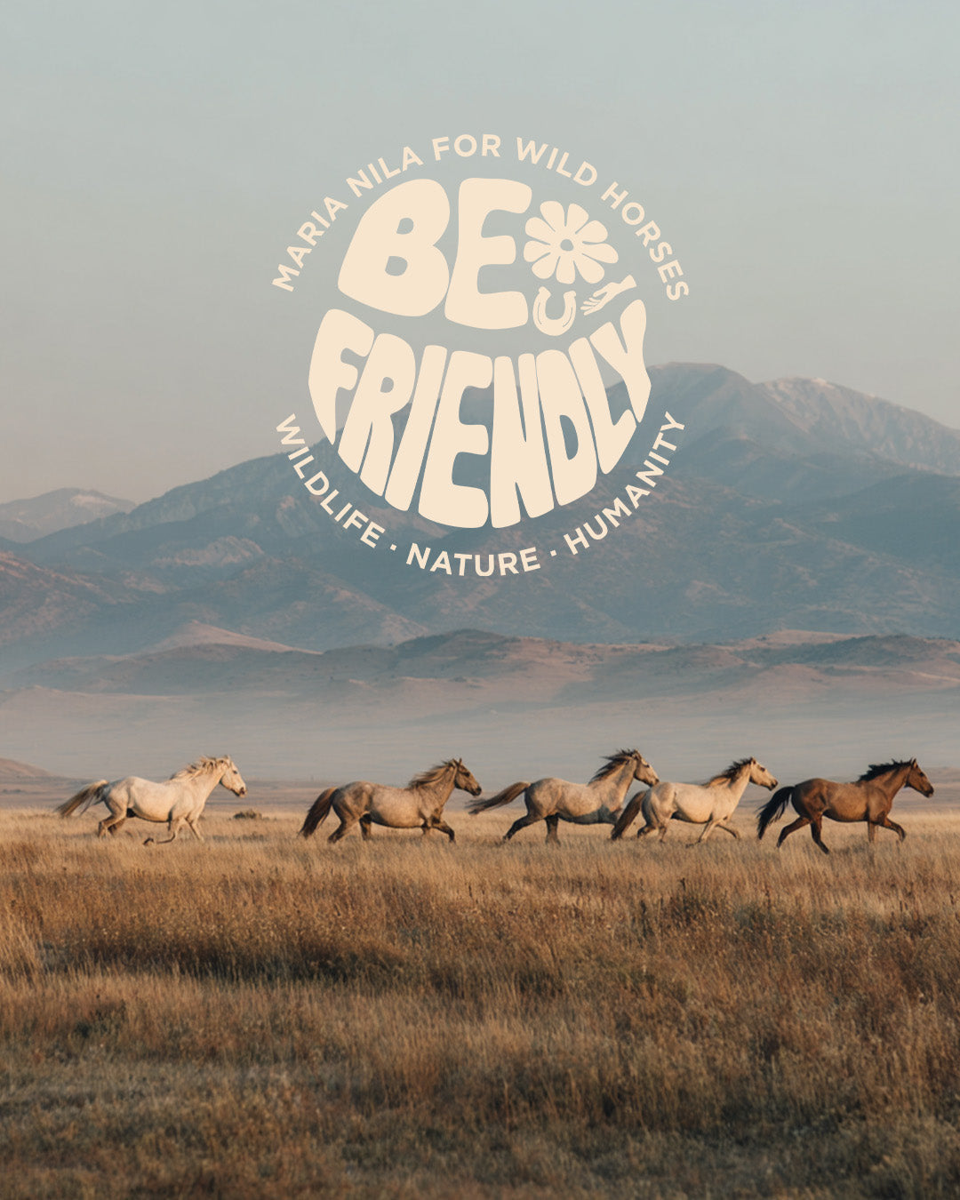 Maria Nila Be Friendly logo on background with horses running in nature