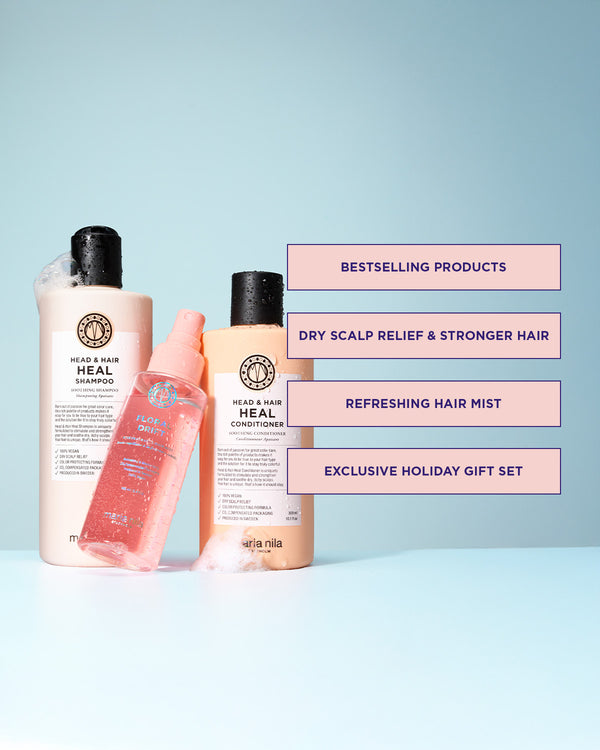 Set of hair care products with text on a light blue background