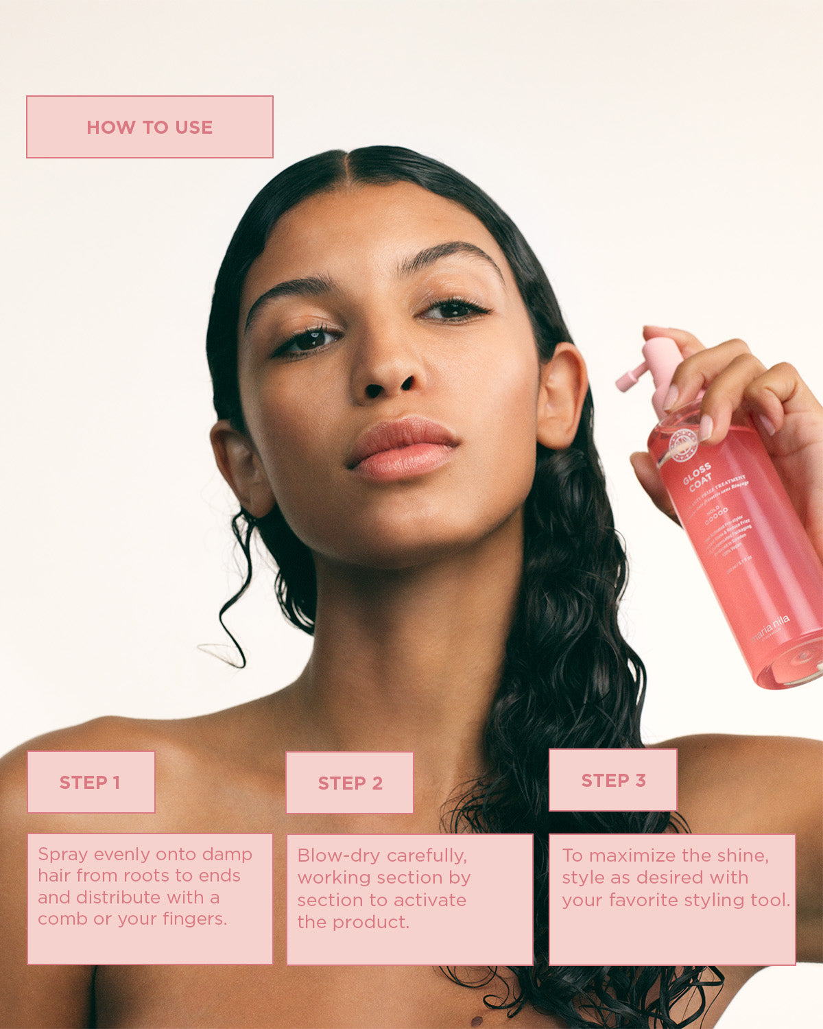 Woman usingGloss Coat with step-by-step instructions on a light pink background