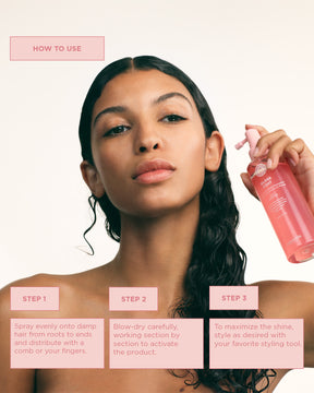 Woman usingGloss Coat with step-by-step instructions on a light pink background