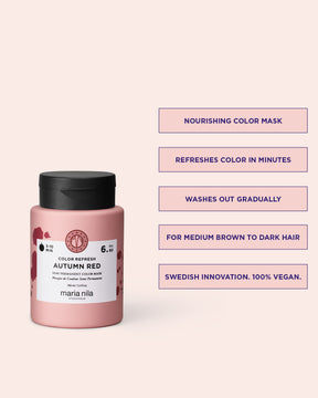 Pink hair mask jar with black lid on a light pink background, featuring product details.