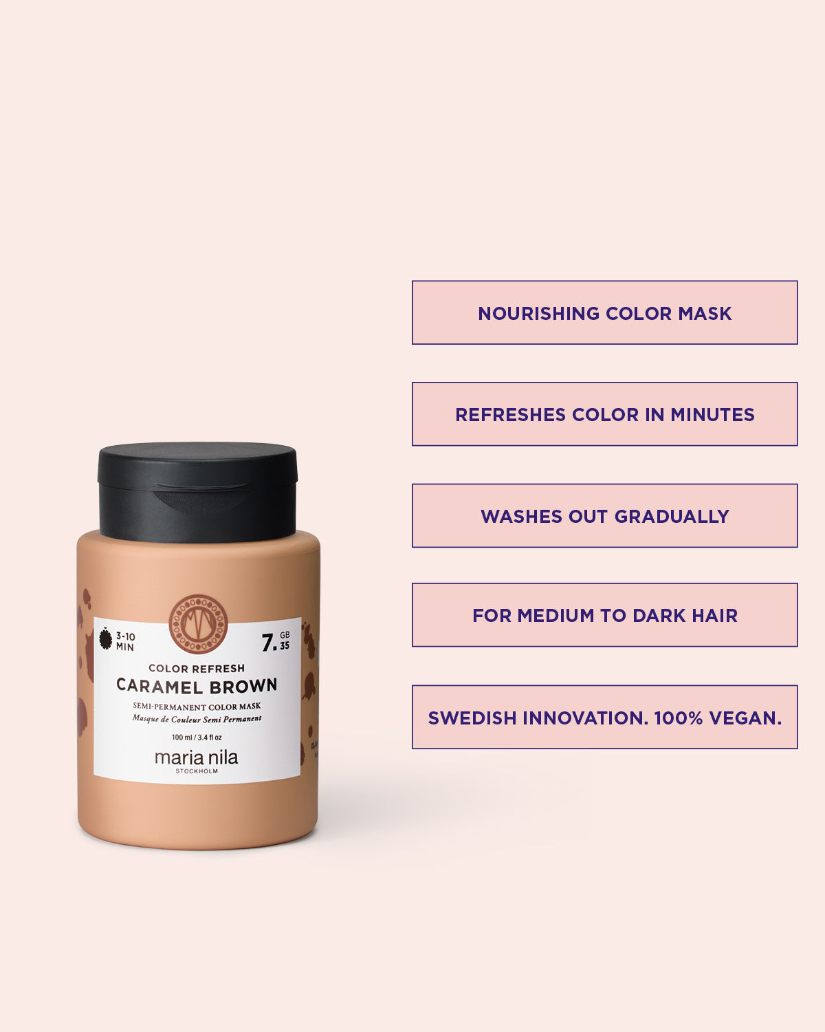Color Refresh Caramel brown nourishing color mask jar with text on a light pink background