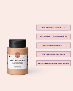 Color Refresh Caramel brown nourishing color mask jar with text on a light pink background