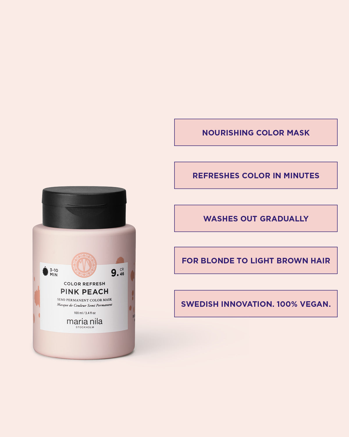 Maria Nila nourishing color refresh pink peach 100 ml mask with text on a light pink background