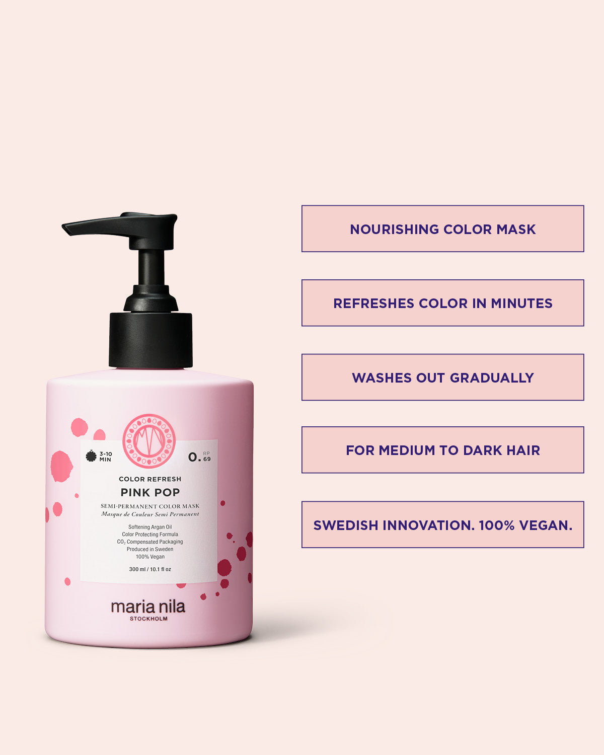 Pink hair mask bottle with text on a light pink background